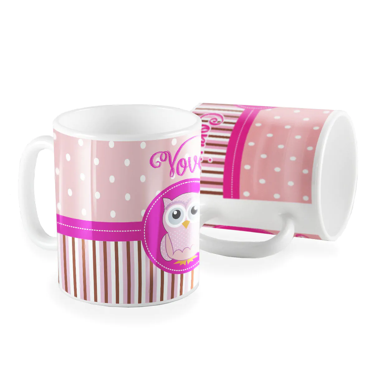 Caneca vovó coruja poá e listras rosa