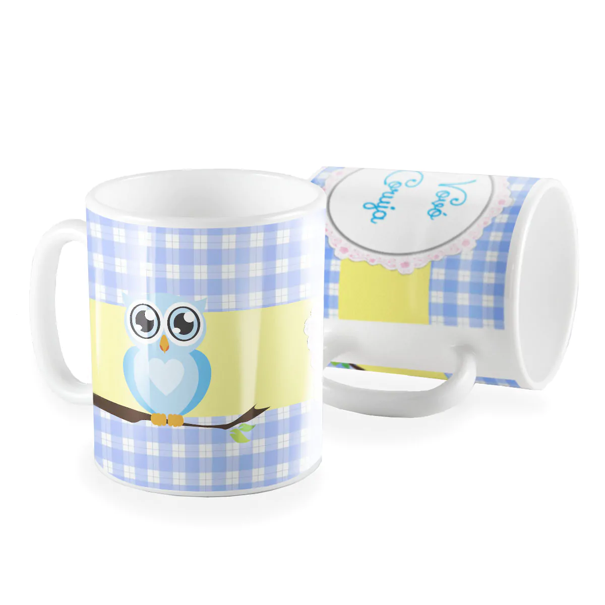 Caneca vovó coruja quadriculado azul